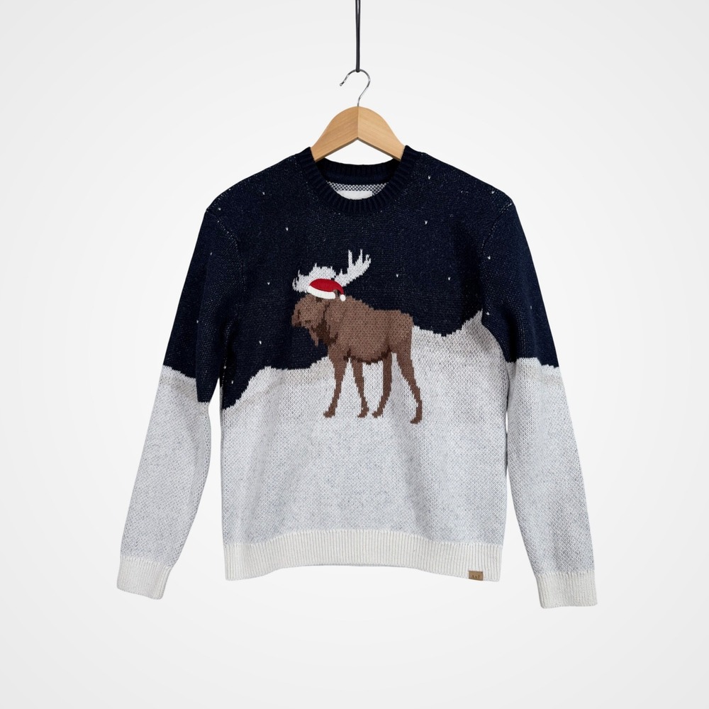 Abercrombie Kids Sweater 15/16 Navy Blue Moose Santa Hat Holiday Knit